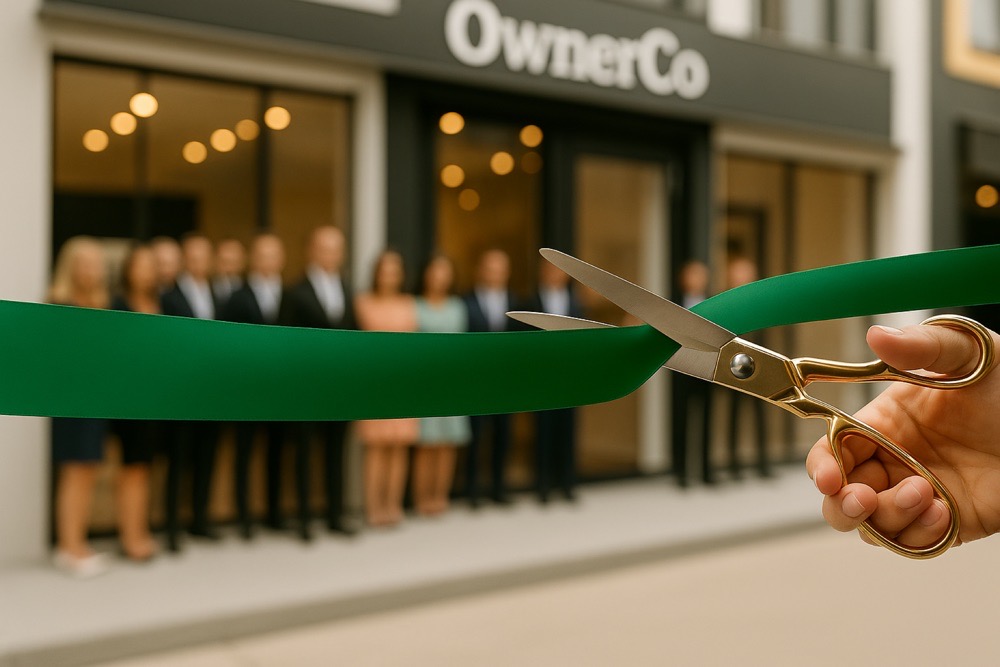 Grand opening ceremony by a business owner.